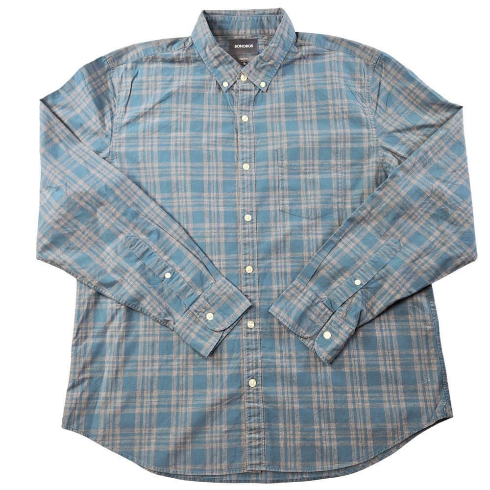 Bonobos Shirt Mens XL Blue Long Sleeve Button‎ Up Plaid Woven Pockets Cotton